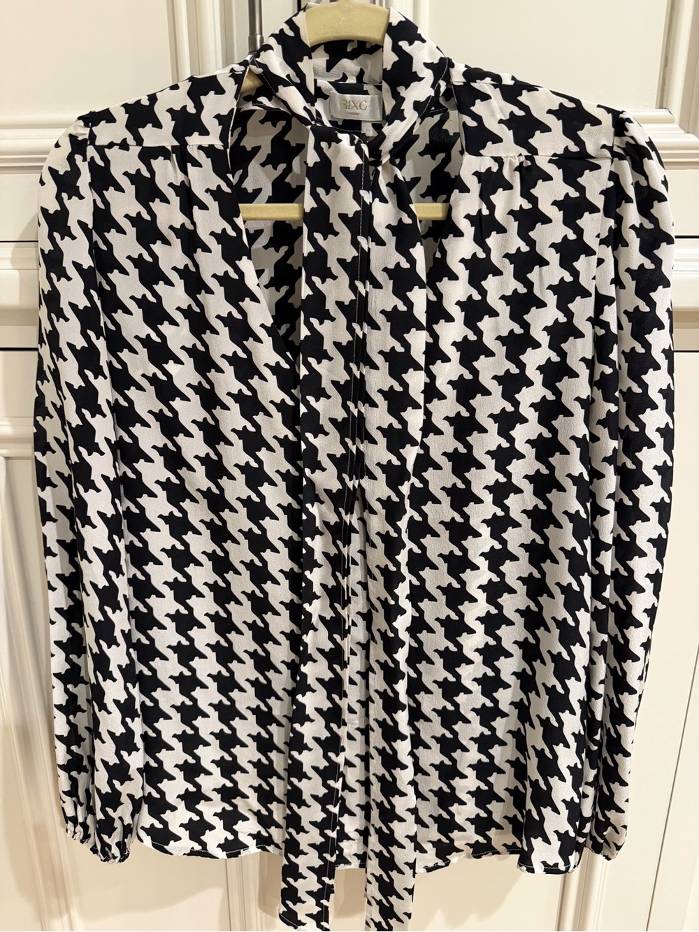 RIXO Black & White Houndstooth Tie-Neck Blouse